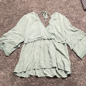 L Love Blouse Women’s Green Rayon shirt W/tie in back mint green Large BoHo look